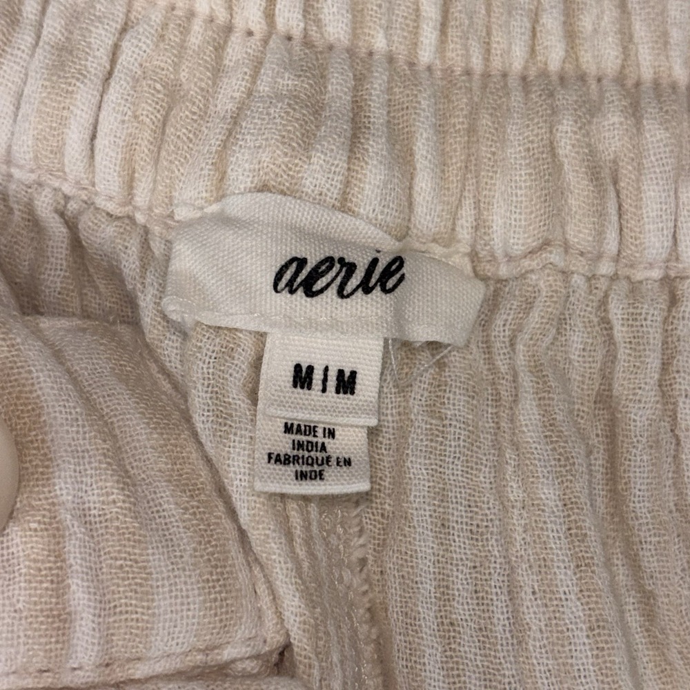 Aerie Women Cream Pin Strip Wide Leg Pleated Pockets Cotton Comfort Size Medium - Picture 5 of 12